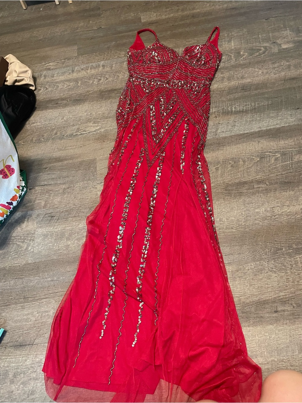 MARINA Red/Pink Beaded Maxi Dress with Sequin Accents